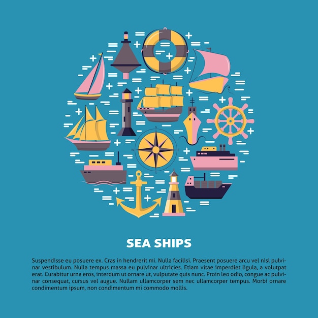 Vector marine round banner with ship icons