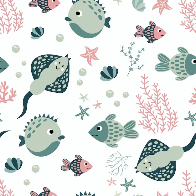 Marine seamless pattern Fish algae corals starfish Handdrawn style