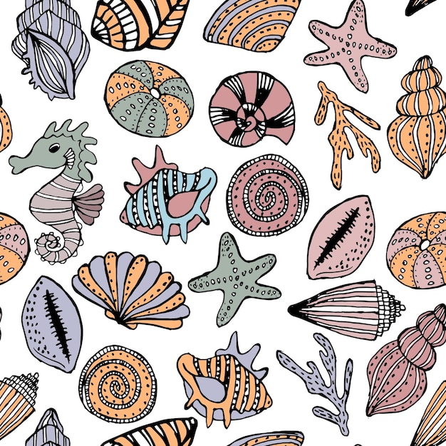 Conchiglie marine disegnate a mano con motivo senza cuciture in colori pastello tessuto di stampa