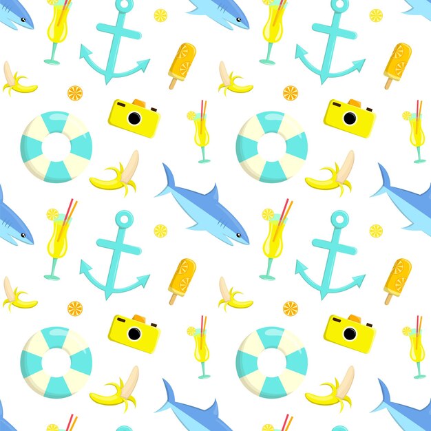 Marine seamless pattern with shark lifebuoy anchor Vector illustration