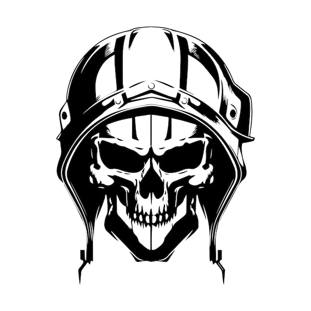 Vector marine skull head logo hand drawn black and white illustration