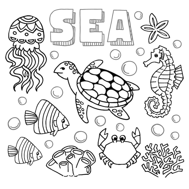 Vector marine theme clipart marine animals set vector icons tortoise crab