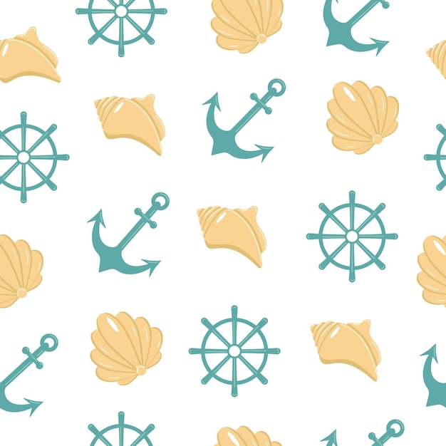 Морская тема Якорное колесо Shell Бесшовный узор Векторная иллюстрация для печати и Интернета