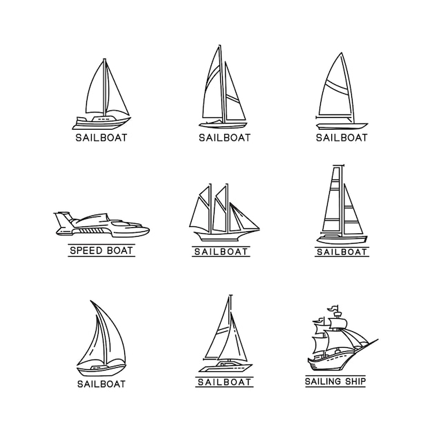 Vector marine transportation vehicles monoline sailboat   design set