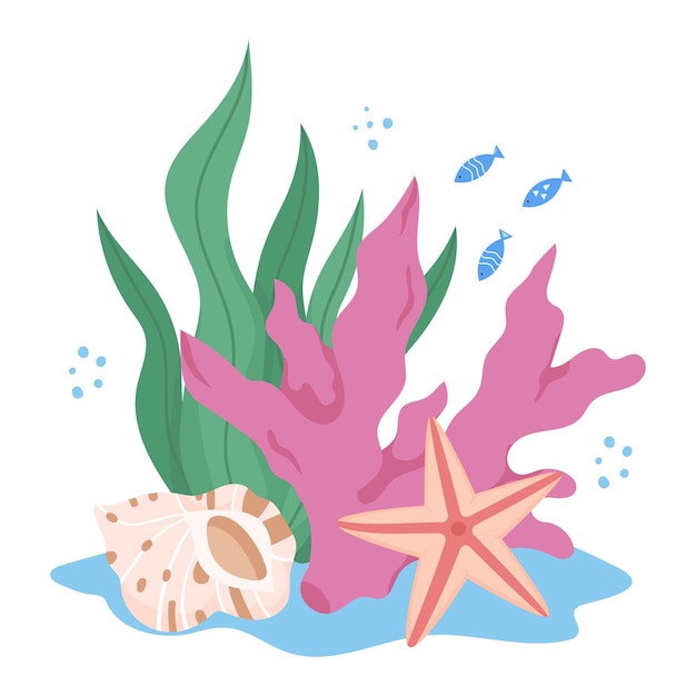 Marine tropical seaweed corals seashells in water underwater world ocean wildlife illustration