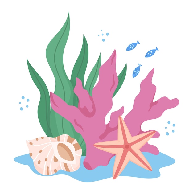 Marine tropical Seaweed corals seashells in water Underwater world ocean wildlife illustration