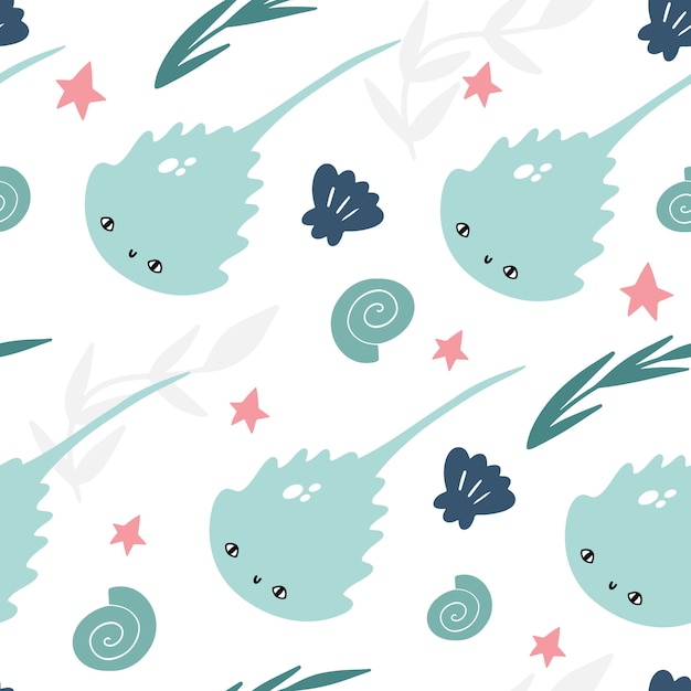 Vector marine vector seamless pattern with cute stingrays, seashells, algae and starfish