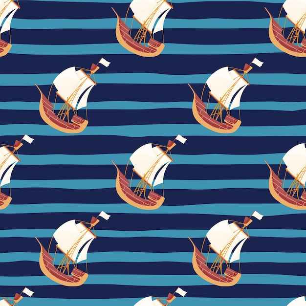 Vector marine water seamless pattern with doodle sailboat ornament. navy blue striped background. designed for fabric design, textile print, wrapping, cover. vector illustration.