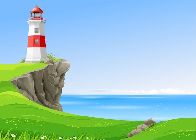 Marine white lighthouse on a high cliff Vector landscape