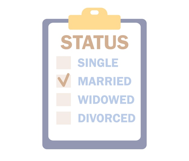 Marital status of people. Checkbox list with single, married, widowed and divorced options. Wedding