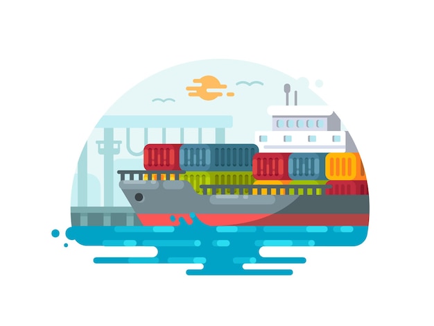 Maritieme logistiek en transport. schip geladen met containers in de haven. vector illustratie