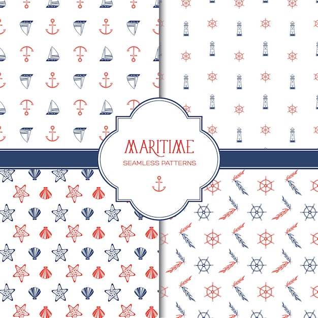 Vector maritime hand drawn seamless pattern with colorful marine and nautical elements