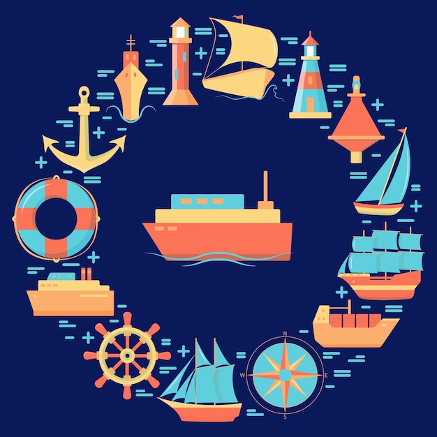 Maritime round concept with ship icons