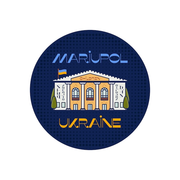 Vettore mariupol ucraina badge design con teatro drammatico e bandiera retro etichetta della città ucraina adesivo emblema vettore stock isolato