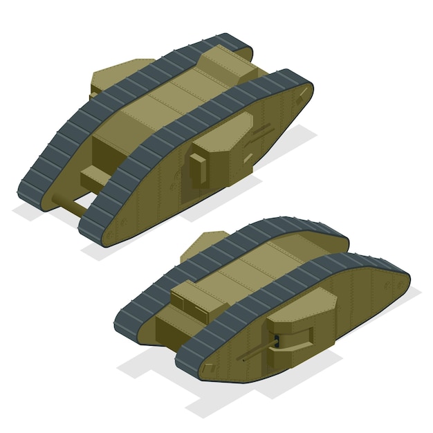 Mark i british heavy tank during the first world war the founder of the family of british diamond-shaped tanks isometric vector war transport armoured fighting vehicle designed for front-line combat.