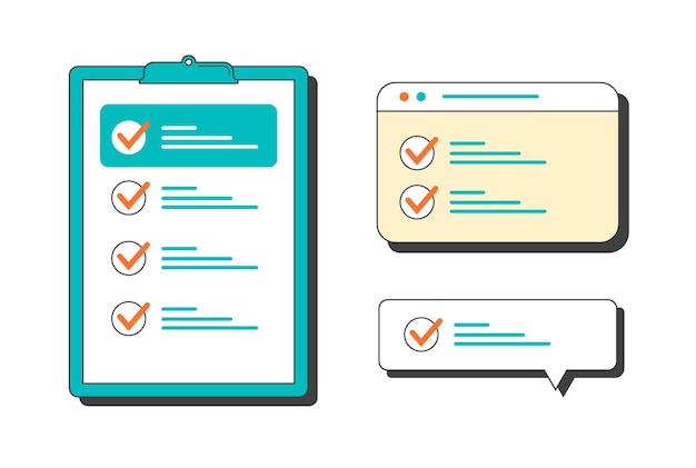 클립보드와 브라우저의 대화 상자에 체크리스트를 표시했습니다. 벡터 평면 그림