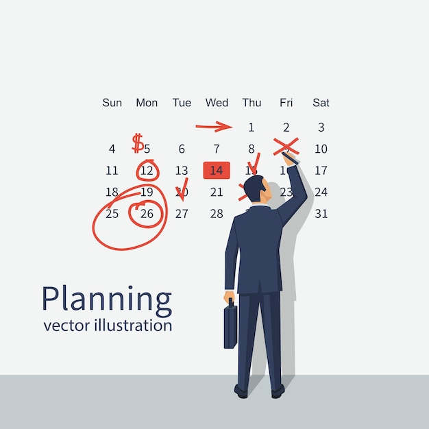 Vector markeer kalender zakenman maakt notities kalender