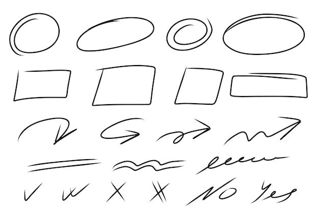 Vector markeer ovalen lijnen pijlen cirkel ja nee geïsoleerd op witte achtergrond marker pen
