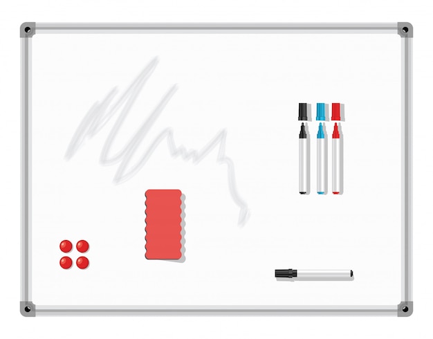 Vettore marker board. lavagna bianca con pennarelli colorati e gomma. illustrazione vettoriale