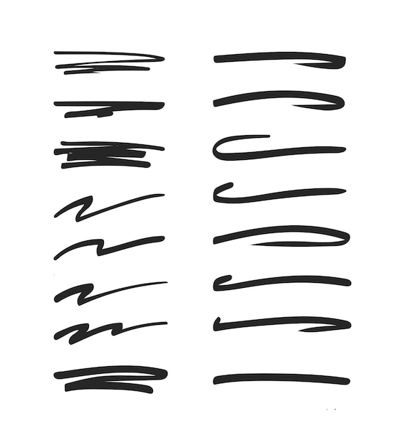 Vettore pennelli marcatori tratti diverse forme impostate linee di sottolineatura ondulate