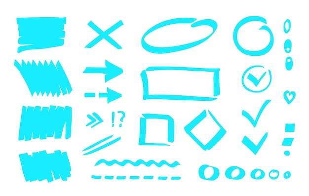 Marker highlighter shapes marks strokes lines Simple hand drawn vector design elements for notes