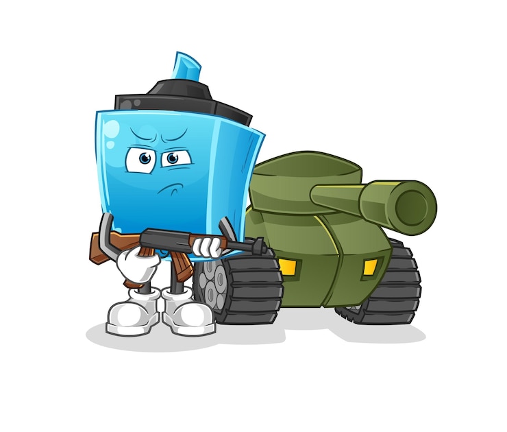 Vector marker pen soldier with tank character. cartoon mascot vector