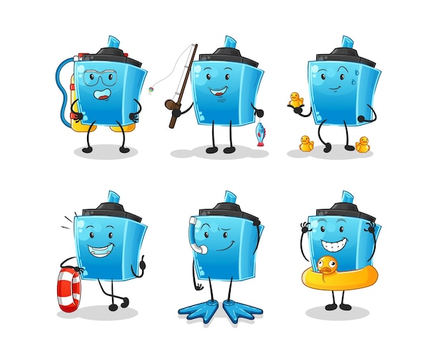 Marker pen water activity group cartoon mascot vector