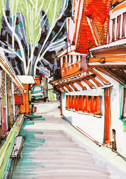 Marker sketch drawing of city outside art contemporary