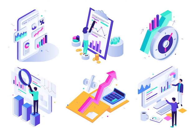 Vector market analytic report. financial audit, marketing strategy review and finance business statistic isometric   illustration set