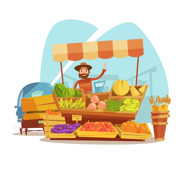 Vector market cartoon concept with farmer selling vegetables and fruit vector illustration