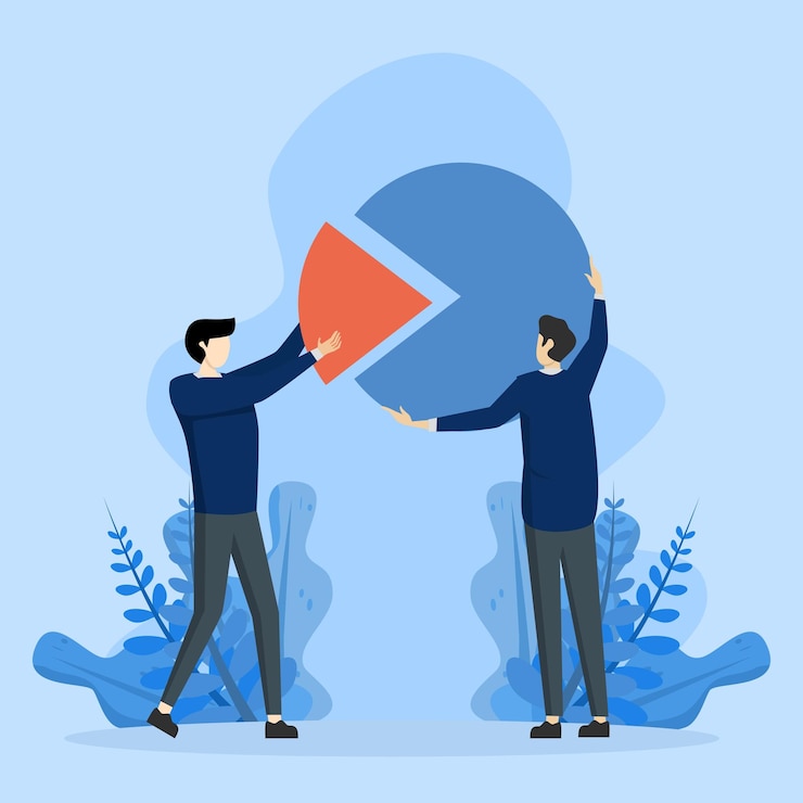 Vector market distribution concept, businessman holding part of a pie chart metaphor holding stock shares.