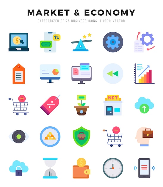 Вектор Набор икон рыночной экономики коллекция простых плоских веб-икон