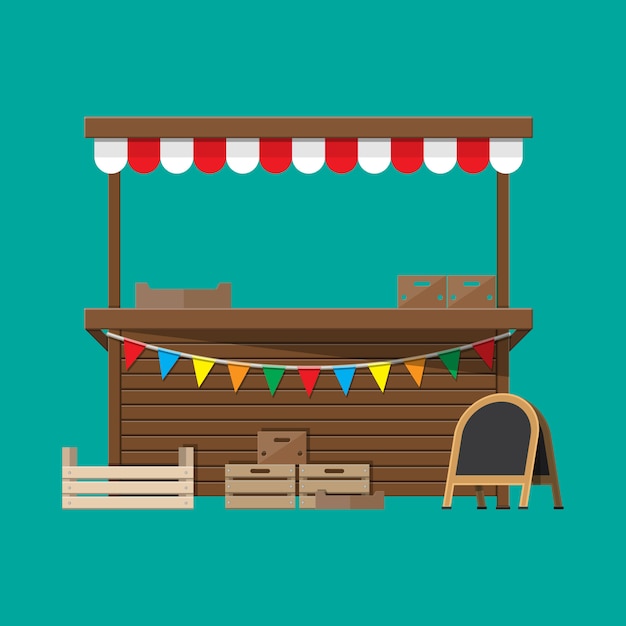 Vector market food stall with flags, crates, chalk board