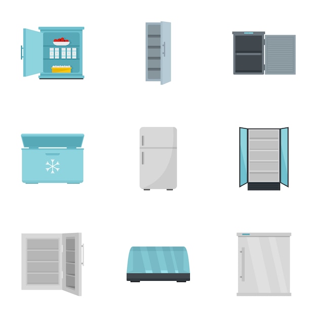 Market fridge icon set, flat style