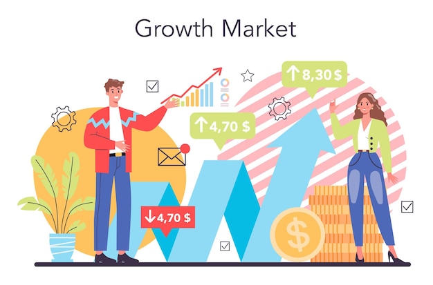 Market growth concept Business progress Company expansion takeover and merger Idea of firm promotion for a new marketplace Finance increase and business success Flat vector illustration