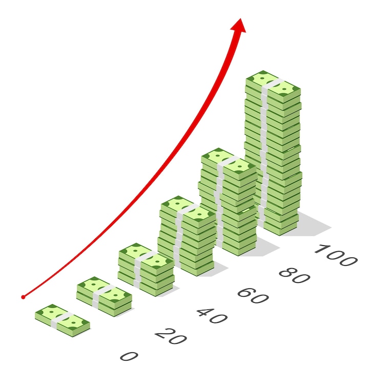 Vector market growth with chart and dollar currency bills. big stacked pile of cash. isometric banking and finance concept. currency profit growth