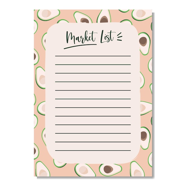 Vector market list daily planner note paper to do list decorated with avocado pattern and inspiration