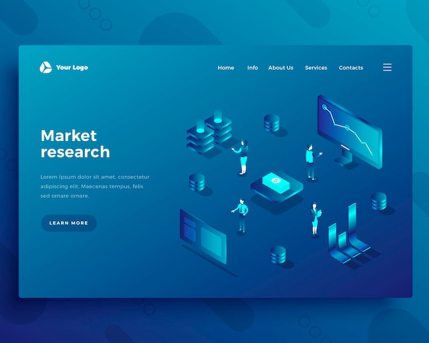 Market research office people characters and interact with computers landing page or banner template 3d isometric vector illustration