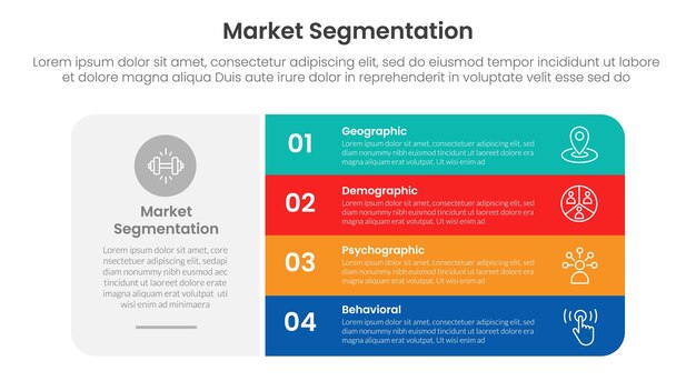 market segmentation framework analysis infographic 4 point stage template with big round box and vertical stack point for slide presentation