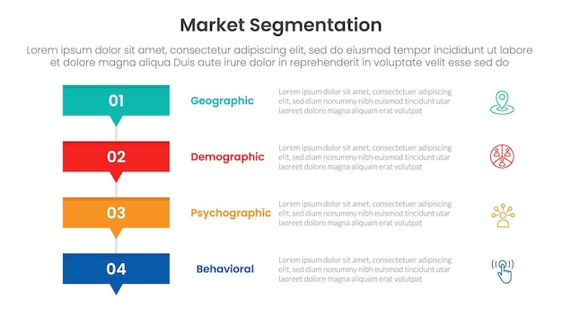 market segmentation framework analysis infographic 4 point stage template with rectangle box stack with small arrow bottom for slide presentation