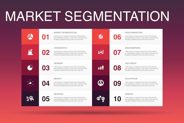 Market segmentation infographic 10 option template.demography, segment, benchmarking, age group simple icons