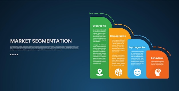 market segmentation infographic template with round vertical box container gradually decrease on right column dark background style with 4 point for slide presentation