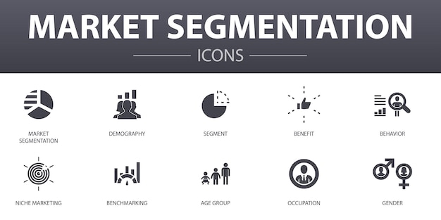 マーケットセグメンテーションのシンプルなコンセプトアイコンを設定します。人口統計、セグメント、ベンチマーク、年齢層などのアイコンが含まれており、Web、ロゴ、UI / UXに使用できます