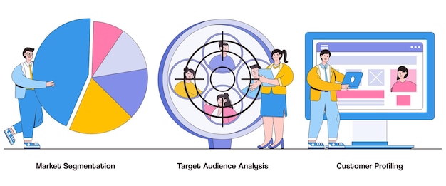 Market segmentation target audience analysis customer profiling concept with character Audience segmentation abstract vector illustration set Market targeting personalized marketing metaphor