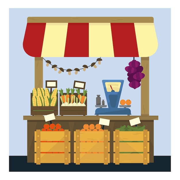 Vettore stand di mercato con verdure fresche