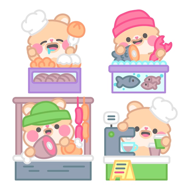 Vector market stickers collection with kimchi the hamster
