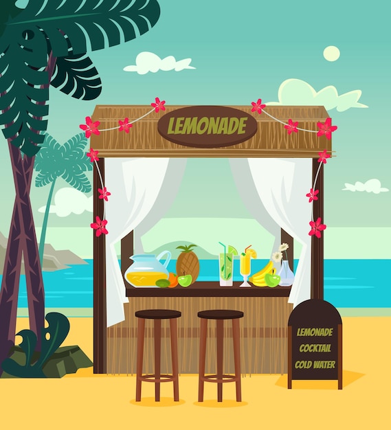 Limonata di vendita del negozio di mercato sulla località di mare della spiaggia. l'ora legale vacanza vacanza relax banner poster fumetto illustrazione piatta