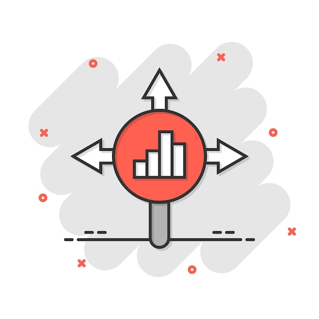 Вектор Иконка тренда рынка в комическом стиле стрелка роста с векторной иллюстрацией лупы на белом изолированном фоне увеличение эффекта всплеска бизнес-концепции