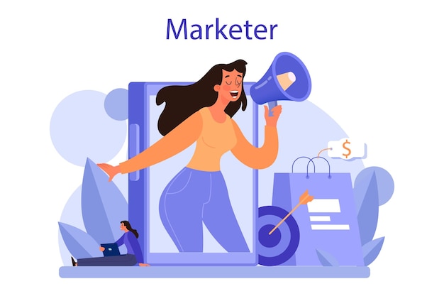 Marketeer concept Reclame en marketing concept Bedrijfsstrategie en communicatie met een klant Geïsoleerde platte vectorillustratie