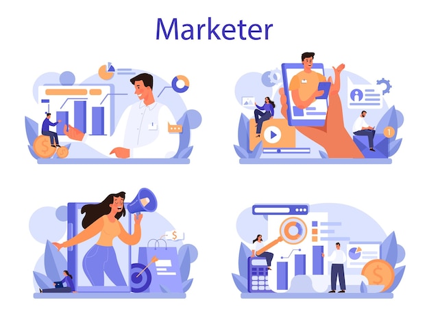 Vector marketeer concept set reclame en marketing concept bedrijfsstrategie en communicatie met een klant geïsoleerde platte vectorillustratie